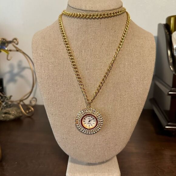 Vintage Futura Rhinestone Goldtone Chain Watch Necklace - Picture 1 of 3
